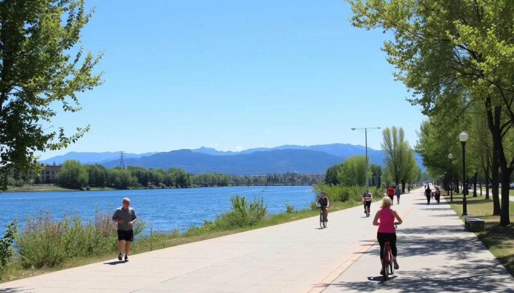 Clark Fork Riverfront Trail in Missoula Montana with people walking and biking Clark Fork Riverfront Trail in Missoula Montana with people walking and biking