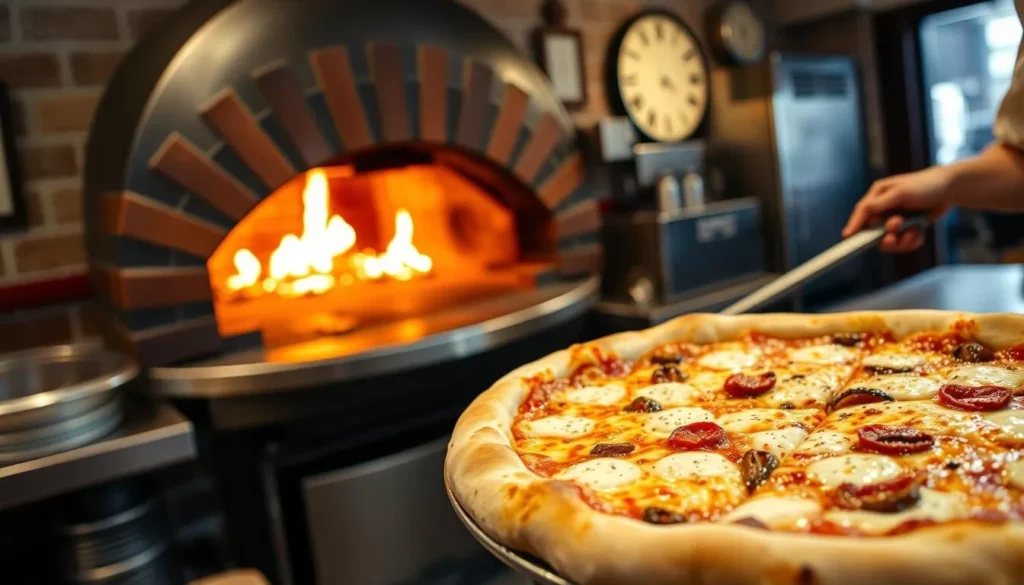 Classic Brooklyn pizza being served at a traditional pizzeria with brick oven Classic Brooklyn pizza being served at a traditional pizzeria with brick oven