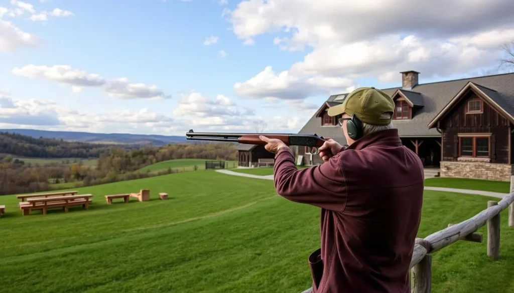 Clay shooting at Orvis Sandanona in Millbrook, Dutchess County New York showing the historic grounds and shooting stations Clay shooting at Orvis Sandanona in Millbrook, Dutchess County New York showing the historic grounds and shooting stations