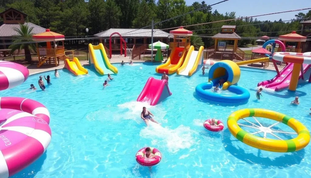 Clay's Park Resort waterpark with inflatable water attractions and zip lines