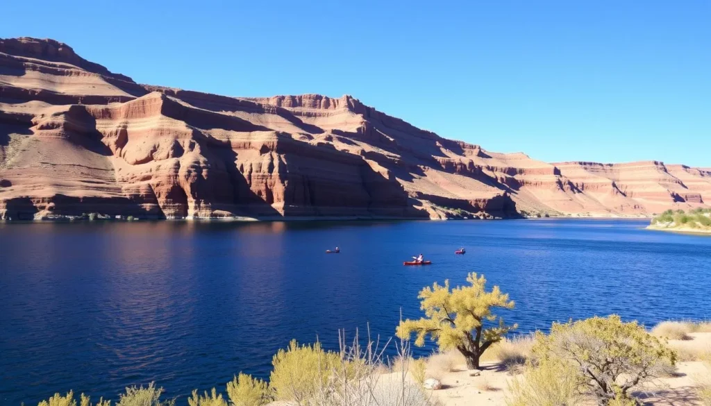 Clear Creek Reservoir near Winslow showing blue water and red sandstone cliffs Clear Creek Reservoir near Winslow showing blue water and red sandstone cliffs