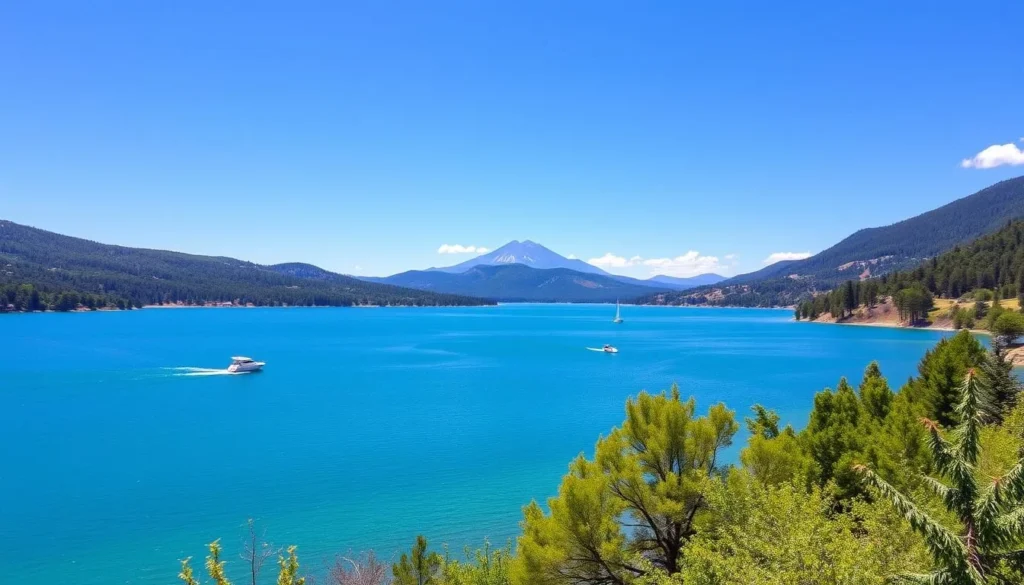 Clear Lake during summer with boats on water and Mount Konocti in background Clear Lake during summer with boats on water and Mount Konocti in background