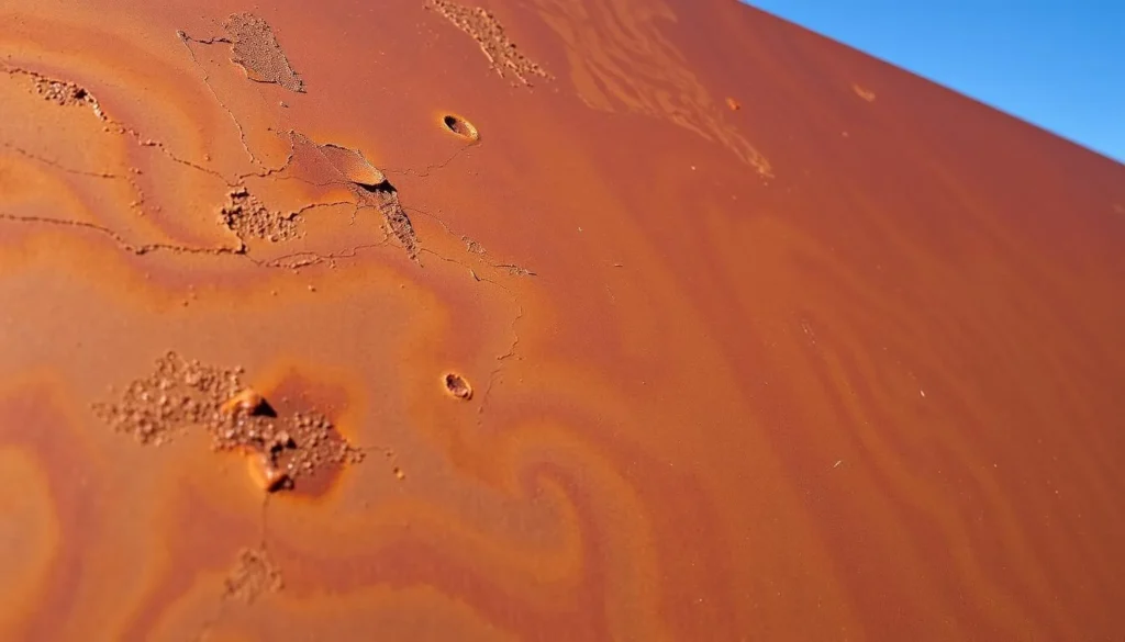Close-up detail of weathered steel surface of Richard Serra's installation showing texture and color changes Close-up detail of weathered steel surface of Richard Serra's installation showing texture and color changes