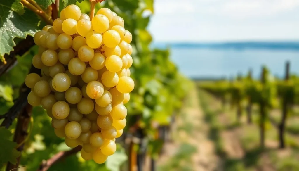 Close-up of Riesling grapes on the vine in a Finger Lakes vineyard Close-up of Riesling grapes on the vine in a Finger Lakes vineyard