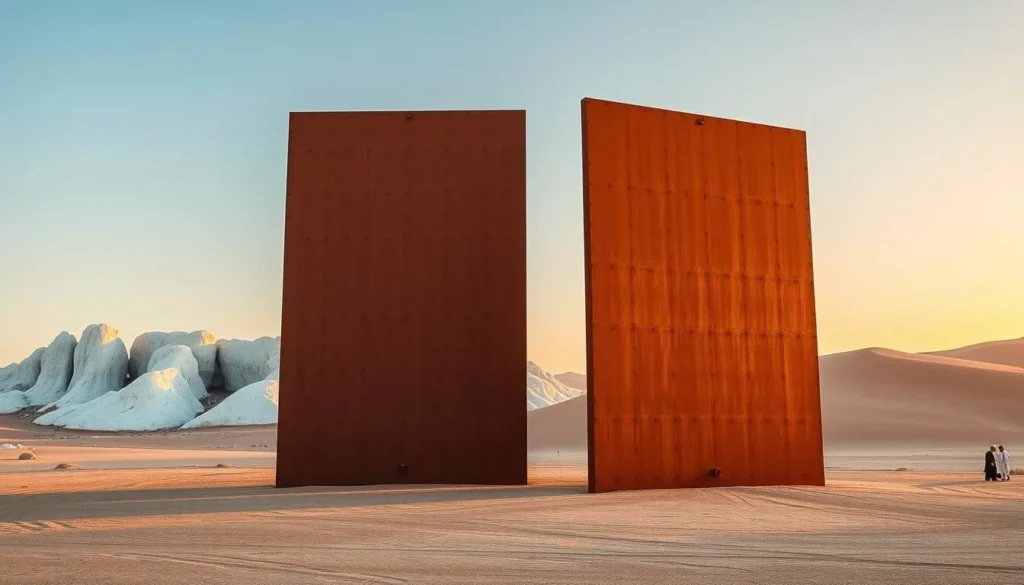 Close-up view of Richard Serra's East-West/West-East steel plates in Brouq Nature Reserve, Qatar Close-up view of Richard Serra's East-West/West-East steel plates in Brouq Nature Reserve, Qatar