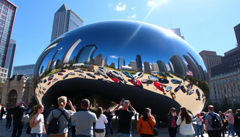 Cloud Gate sculpture (The Bean) in Millennium Park Chicago with visitors taking photos on a sunny day Cloud Gate sculpture (The Bean) in Millennium Park Chicago with visitors taking photos on a sunny day