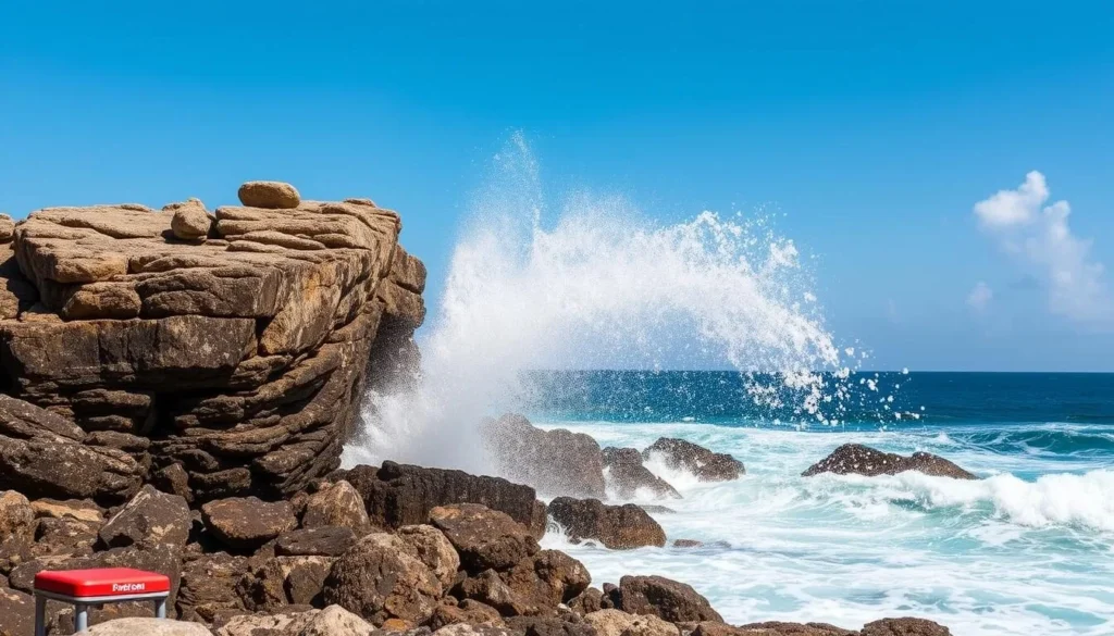 Coastal blowhole at Indian Town National Park erupting with spray as waves crash into the limestone formation Coastal blowhole at Indian Town National Park erupting with spray as waves crash into the limestone formation