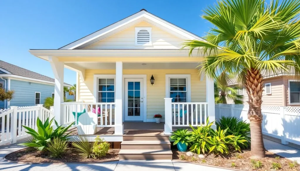 Coastal vacation rental cottage in Bay Saint Louis with porch and palm trees Coastal vacation rental cottage in Bay Saint Louis with porch and palm trees