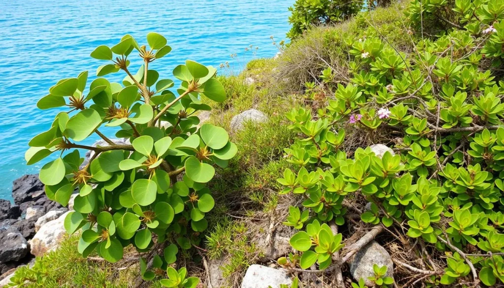 Coastal vegetation at Indian Town National Park showing sea grape trees and other salt-tolerant plants along the shoreline Coastal vegetation at Indian Town National Park showing sea grape trees and other salt-tolerant plants along the shoreline