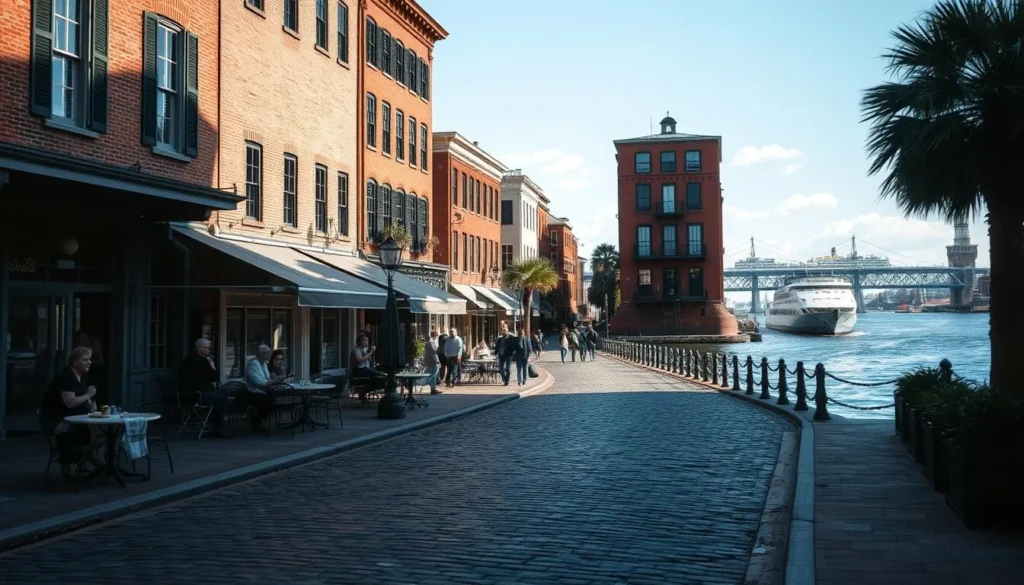 Cobblestone River Street in Savannah with historic buildings and river view
