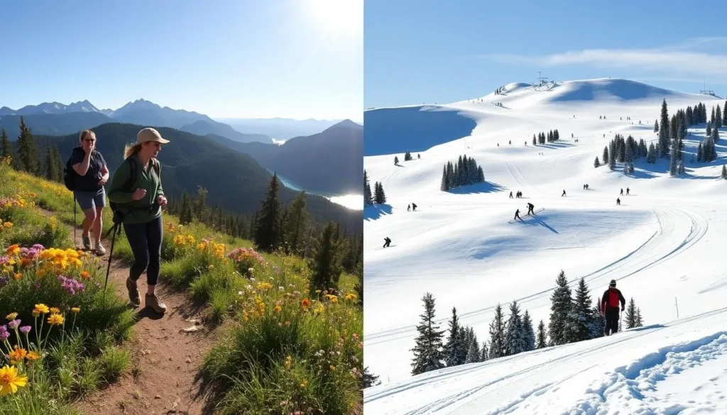 Collage of seasonal activities in Siskiyou County California showing summer hiking and winter skiing options Collage of seasonal activities in Siskiyou County California showing summer hiking and winter skiing options