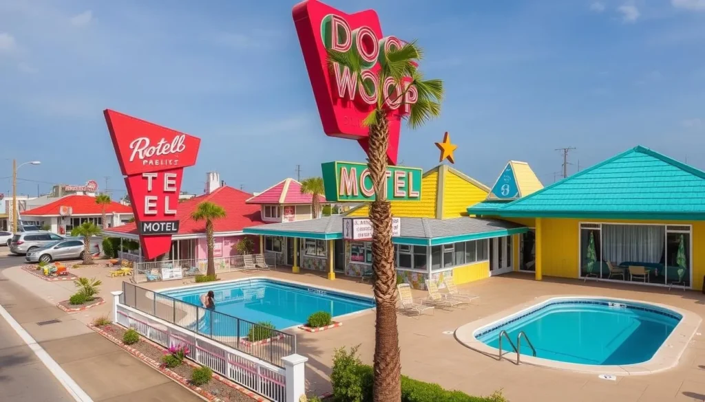 Collection of colorful Doo Wop style motels in Wildwood with neon signs Collection of colorful Doo Wop style motels in Wildwood with neon signs