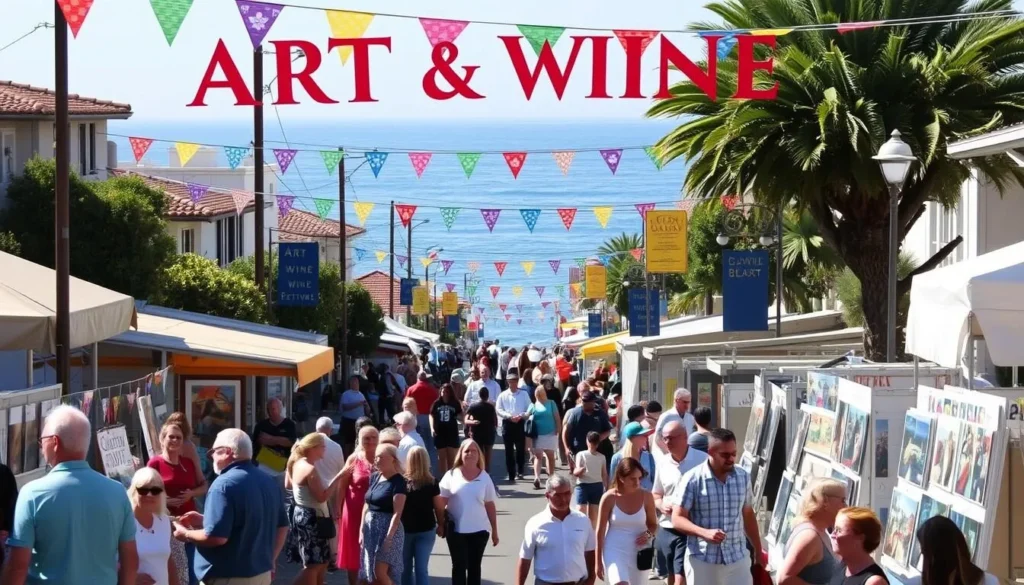 Colorful Capitola Art & Wine Festival with ocean view and crowds enjoying art booths Colorful Capitola Art & Wine Festival with ocean view and crowds enjoying art booths