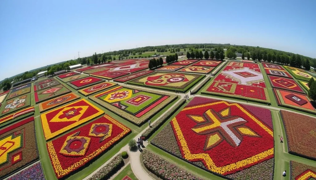 Colorful Quilt Gardens in Elkhart Indiana with vibrant flower patterns showcasing things to do in summer Colorful Quilt Gardens in Elkhart Indiana with vibrant flower patterns showcasing things to do in summer