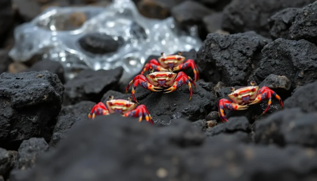 Colorful Sally Lightfoot crabs on the rocky shoreline of Indian Town National Park with waves in background Colorful Sally Lightfoot crabs on the rocky shoreline of Indian Town National Park with waves in background