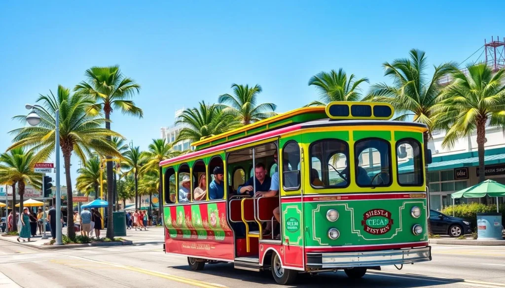 Colorful Siesta Key Trolley driving along Ocean Boulevard with palm trees and shops Colorful Siesta Key Trolley driving along Ocean Boulevard with palm trees and shops