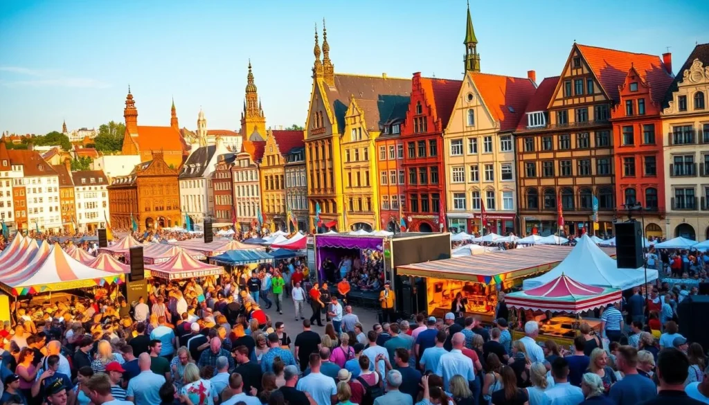 Colorful and lively Dortmund festivals, capturing the vibrant energy of the city's annual celebrations. In the foreground, a bustling crowd gathers around a central stage, with performers and musicians enlivening the scene. The middle ground features traditional food stalls, lively music, and people enjoying the festivities. In the background, historic buildings and landmarks provide a picturesque backdrop, bathed in warm, golden sunlight. The atmosphere is one of joy, community, and cultural richness, inviting the viewer to immerse themselves in the festive spirit of Dortmund.
