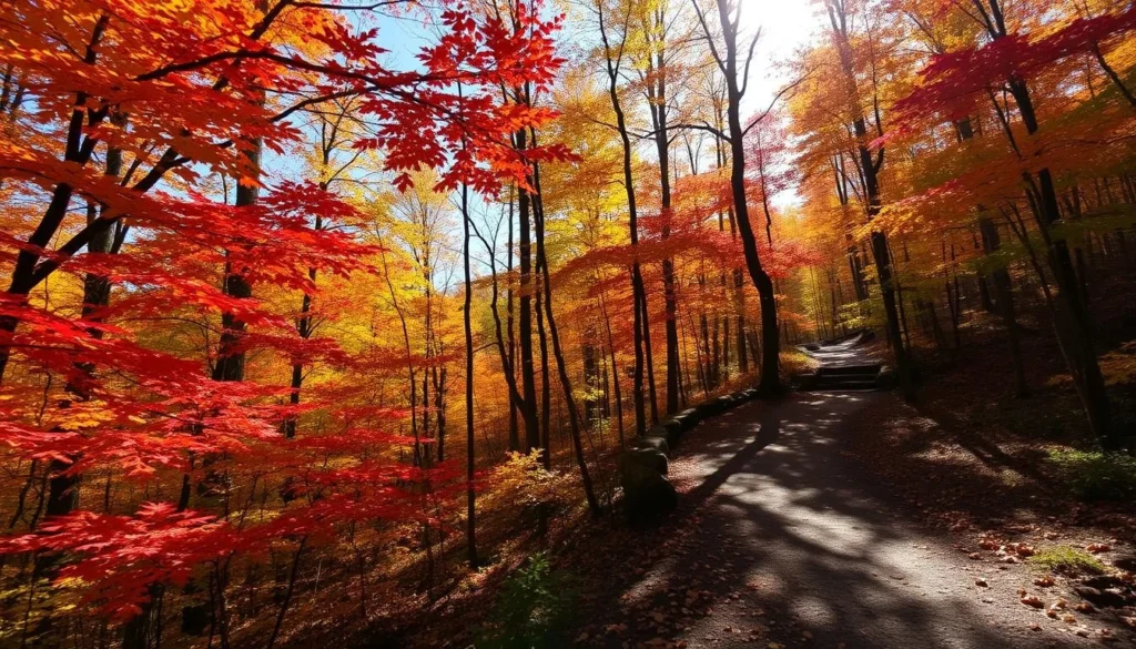 Colorful autumn foliage in Allegany State Park, Cattaraugus County, with hiking trails winding through vibrant red and orange trees Colorful autumn foliage in Allegany State Park, Cattaraugus County, with hiking trails winding through vibrant red and orange trees