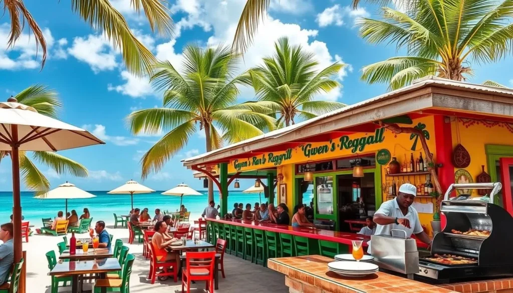 Colorful beach bar setting at Gwen's Reggae Bar & Grill with live music and Caribbean atmosphere Colorful beach bar setting at Gwen's Reggae Bar & Grill with live music and Caribbean atmosphere