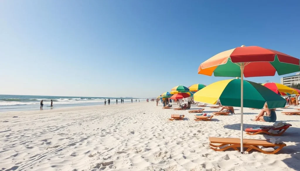 Colorful beach umbrellas along New Smyrna Beach with surfers in the water in Volusia County, Florida Colorful beach umbrellas along New Smyrna Beach with surfers in the water in Volusia County, Florida