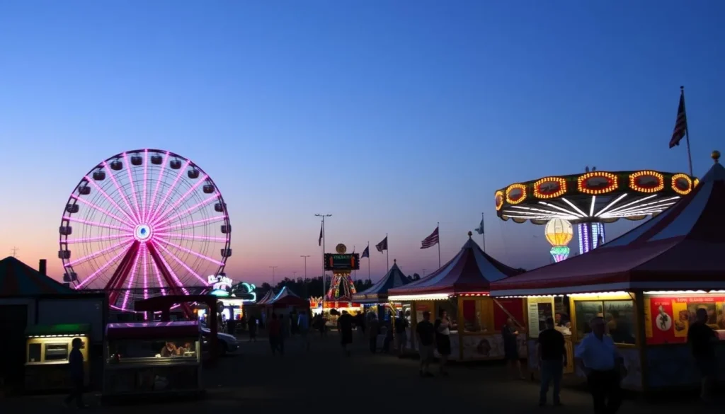 Colorful carnival rides and attractions at the Tulare County Fair Colorful carnival rides and attractions at the Tulare County Fair