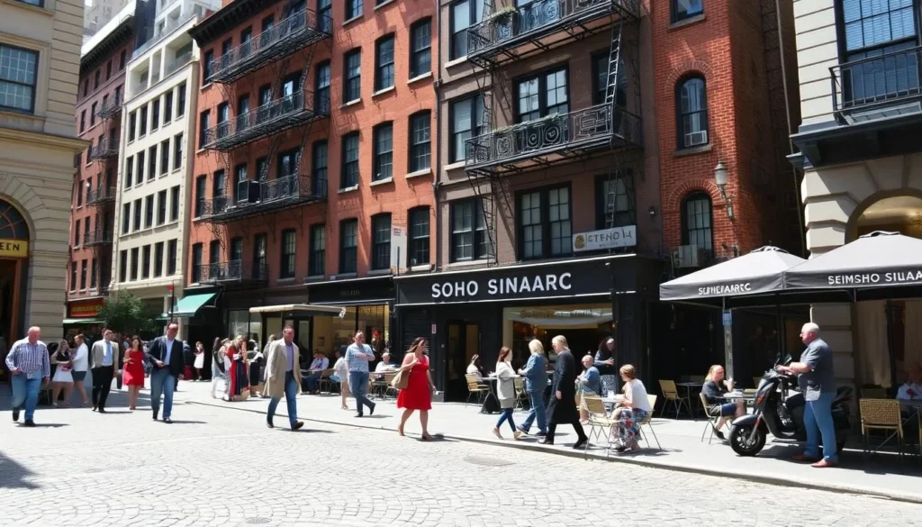 Colorful cast-iron buildings in SoHo with people shopping and dining Colorful cast-iron buildings in SoHo with people shopping and dining