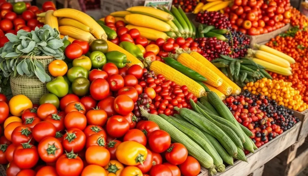 Colorful display of fresh produce at a local farm stand in Yuba County