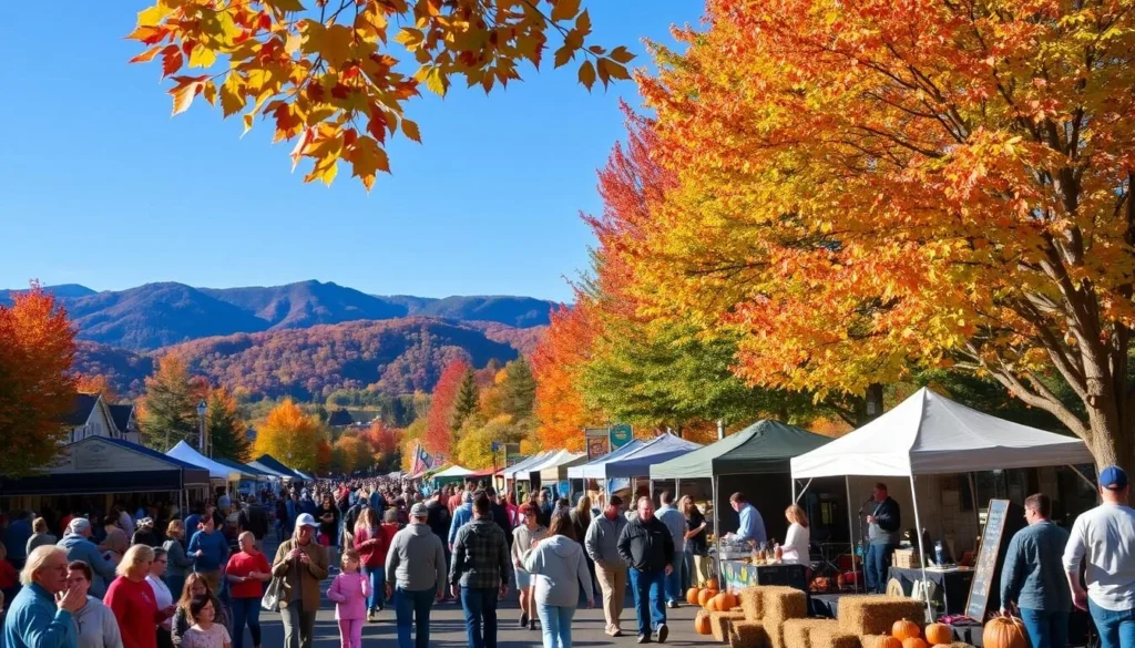 Colorful fall festival in Ellicottville with crowds enjoying music, food vendors, and autumn decorations Colorful fall festival in Ellicottville with crowds enjoying music, food vendors, and autumn decorations