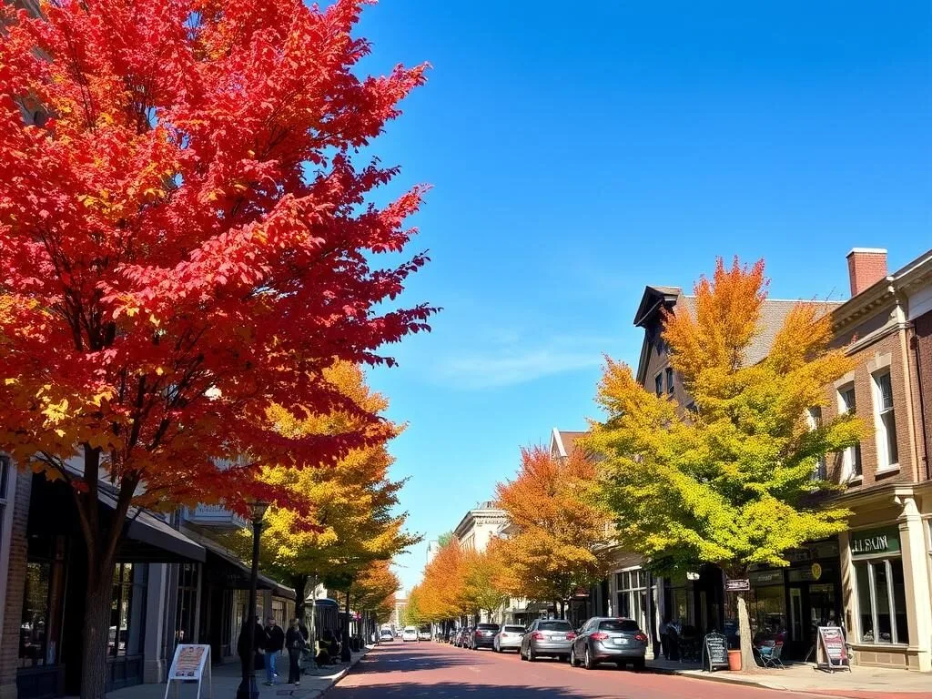 Colorful fall foliage along Church Street in Montclair, New Jersey with historic buildings Colorful fall foliage along Church Street in Montclair, New Jersey with historic buildings