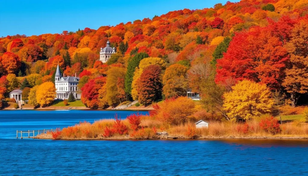 Colorful fall foliage surrounding Chautauqua Lake with historic buildings visible along the shoreline Colorful fall foliage surrounding Chautauqua Lake with historic buildings visible along the shoreline