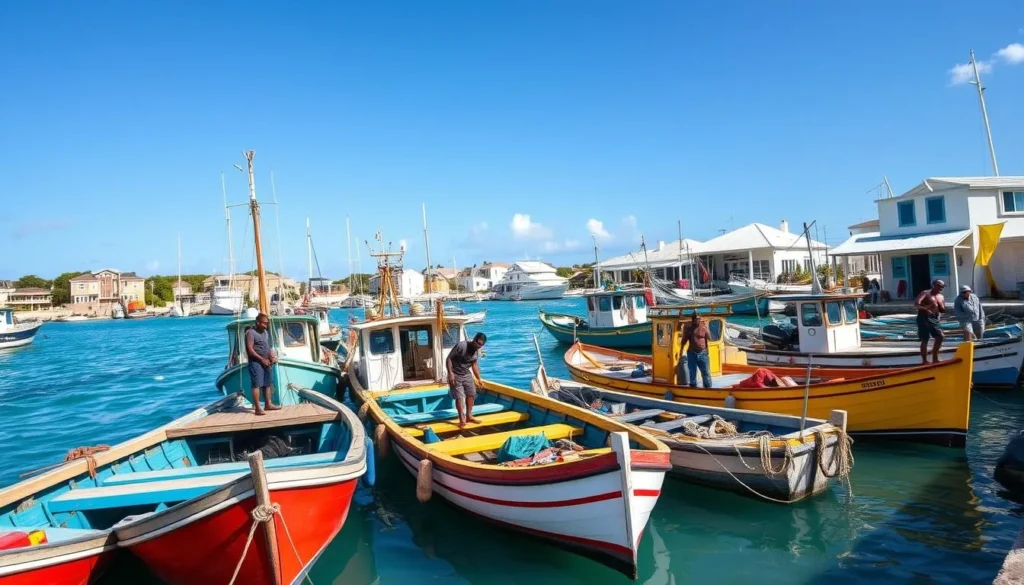 Colorful fishing boats in Island Harbour, Anguilla with fishermen preparing their catch Colorful fishing boats in Island Harbour, Anguilla with fishermen preparing their catch