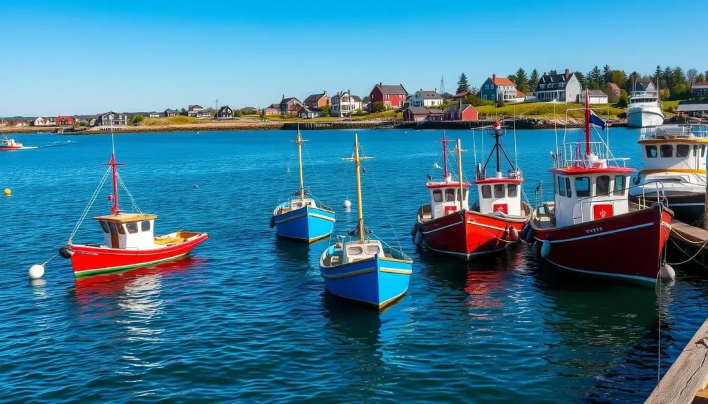 Colorful fishing boats moored at a Casco Bay island harbor with coastal homes in background Colorful fishing boats moored at a Casco Bay island harbor with coastal homes in background