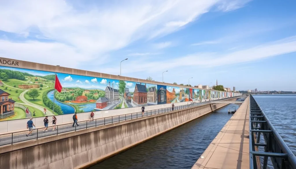Colorful floodwall murals along Paducah's riverfront depicting the city's history Colorful floodwall murals along Paducah's riverfront depicting the city's history