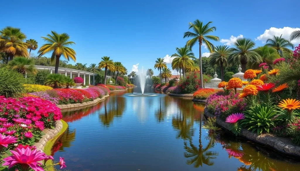 Colorful flower display at Port St. Lucie Botanical Gardens with lake and fountain Colorful flower display at Port St. Lucie Botanical Gardens with lake and fountain