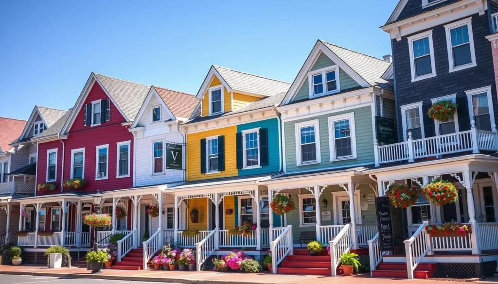 Colorful historic bed and breakfast inns along Commercial Street in Provincetown Massachusetts with classic Cape Cod architecture Colorful historic bed and breakfast inns along Commercial Street in Provincetown Massachusetts with classic Cape Cod architecture