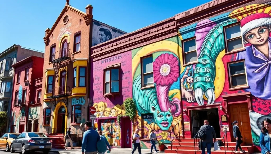 Colorful murals in the Mission District of San Francisco County showing vibrant street art Colorful murals in the Mission District of San Francisco County showing vibrant street art