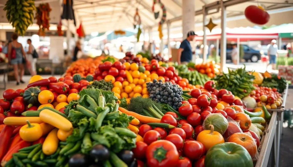 Colorful produce display at the Marin Farmers Market in San Rafael Colorful produce display at the Marin Farmers Market in San Rafael