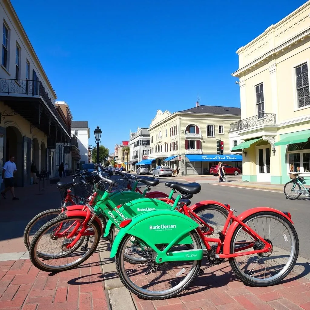 Colorful rental bicycles lined up in Old Town Bay Saint Louis with historic buildings in background Colorful rental bicycles lined up in Old Town Bay Saint Louis with historic buildings in background