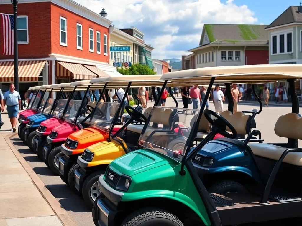 Colorful rental golf carts lined up at Put-in-Bay on South Bass Island, Lake Erie Islands Ohio Colorful rental golf carts lined up at Put-in-Bay on South Bass Island, Lake Erie Islands Ohio
