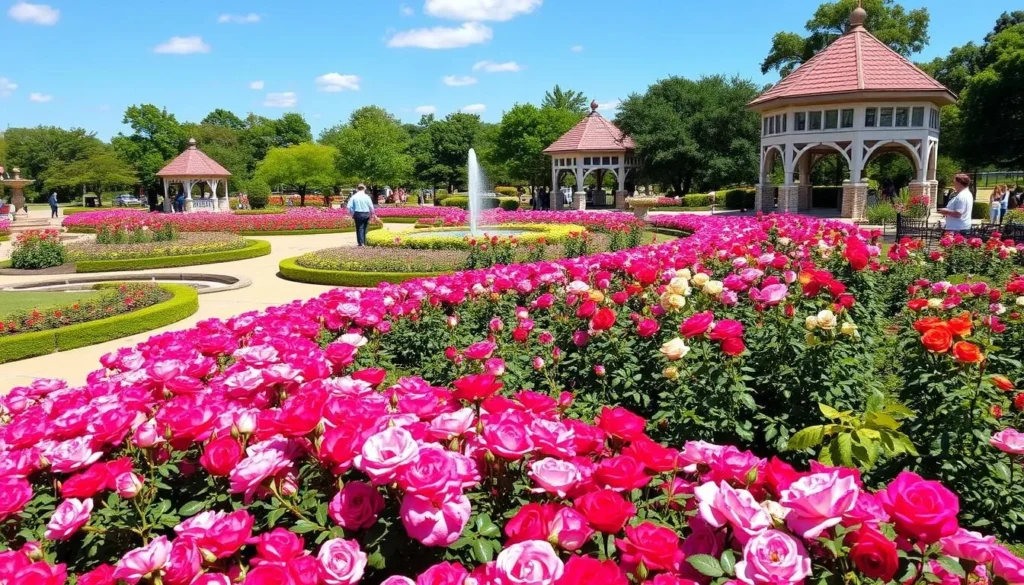 Colorful rose garden at the American Rose Center in Shreveport with blooming flowers and walking paths Colorful rose garden at the American Rose Center in Shreveport with blooming flowers and walking paths