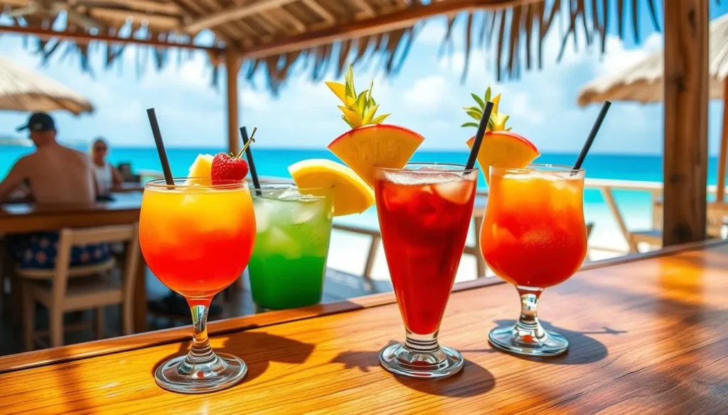 Colorful rum punches at Elodias Beach Bar with ocean view