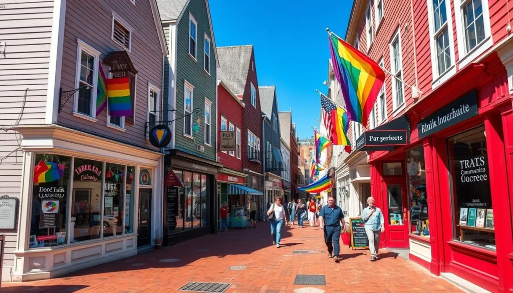 Colorful shops along Commercial Street in Provincetown Massachusetts with rainbow flags and unique storefronts Colorful shops along Commercial Street in Provincetown Massachusetts with rainbow flags and unique storefronts