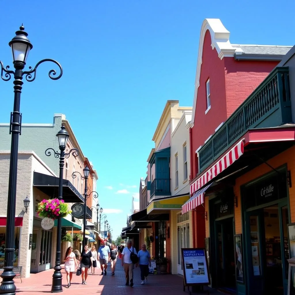 Colorful storefronts and art galleries in Old Town Bay Saint Louis with pedestrians shopping Colorful storefronts and art galleries in Old Town Bay Saint Louis with pedestrians shopping