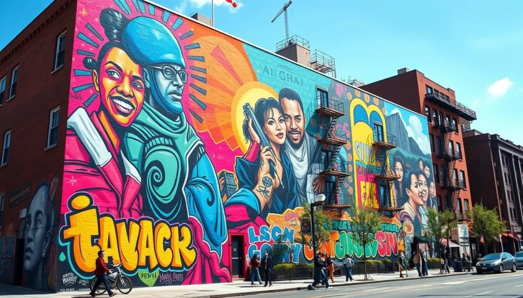 Colorful street art mural in Jersey City featuring urban themes Colorful street art mural in Jersey City featuring urban themes