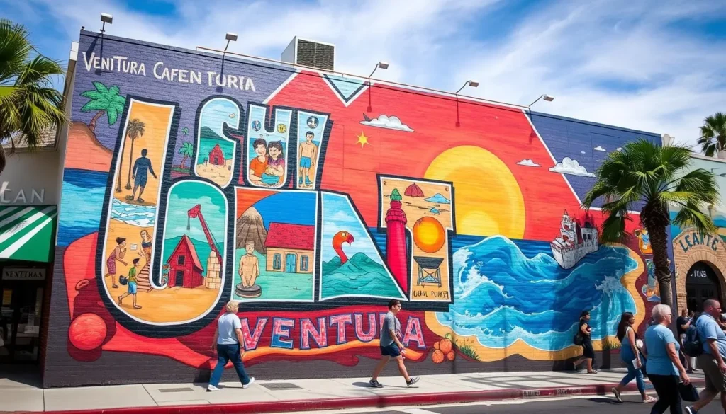 Colorful street mural art in downtown Ventura showing local culture and coastal themes Colorful street mural art in downtown Ventura showing local culture and coastal themes