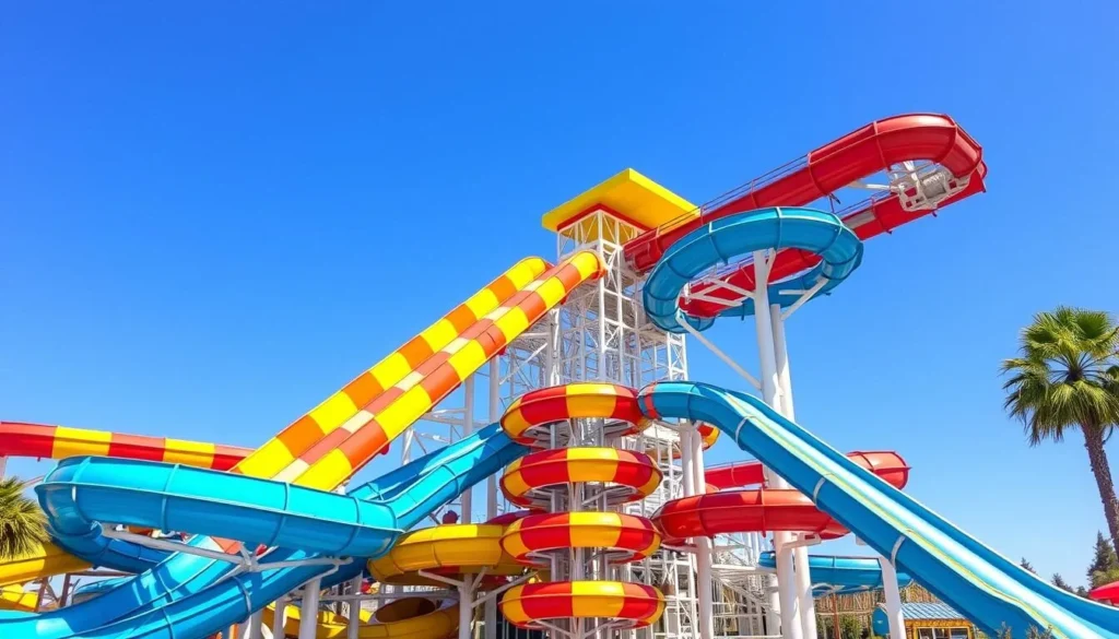 Colorful water slides at Waterworld California in Concord, Contra Costa County on a bright sunny day Colorful water slides at Waterworld California in Concord, Contra Costa County on a bright sunny day