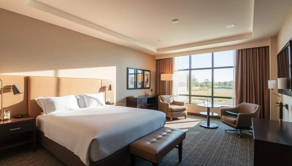 Comfortable hotel room in Modesto with modern amenities and warm lighting