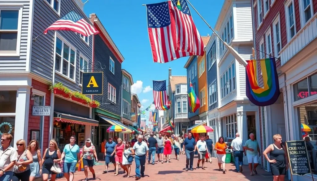 Commercial Street in Provincetown Massachusetts during summer with colorful shops, rainbow flags, and crowds of people enjoying the vibrant atmosphere Commercial Street in Provincetown Massachusetts during summer with colorful shops, rainbow flags, and crowds of people enjoying the vibrant atmosphere