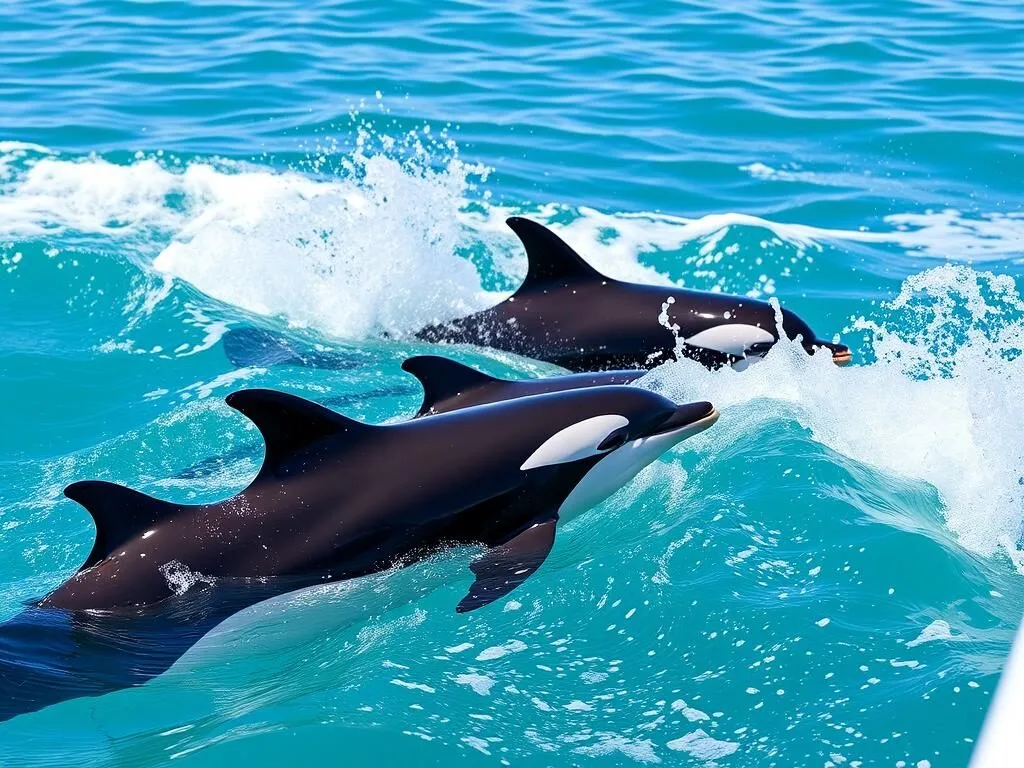 Commerson's dolphins (panda dolphins) swimming alongside a boat near Puerto Madryn Commerson's dolphins (panda dolphins) swimming alongside a boat near Puerto Madryn