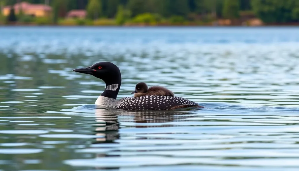 Common loon swimming on Cross Lake with a chick on its back Common loon swimming on Cross Lake with a chick on its back